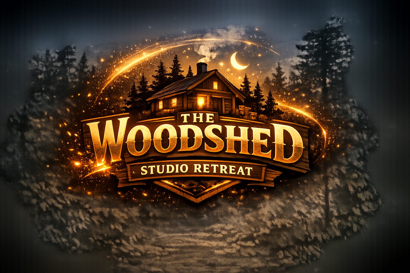The Woodshed Studio Retreat: a lit log cabin in the pines under a crescent moon